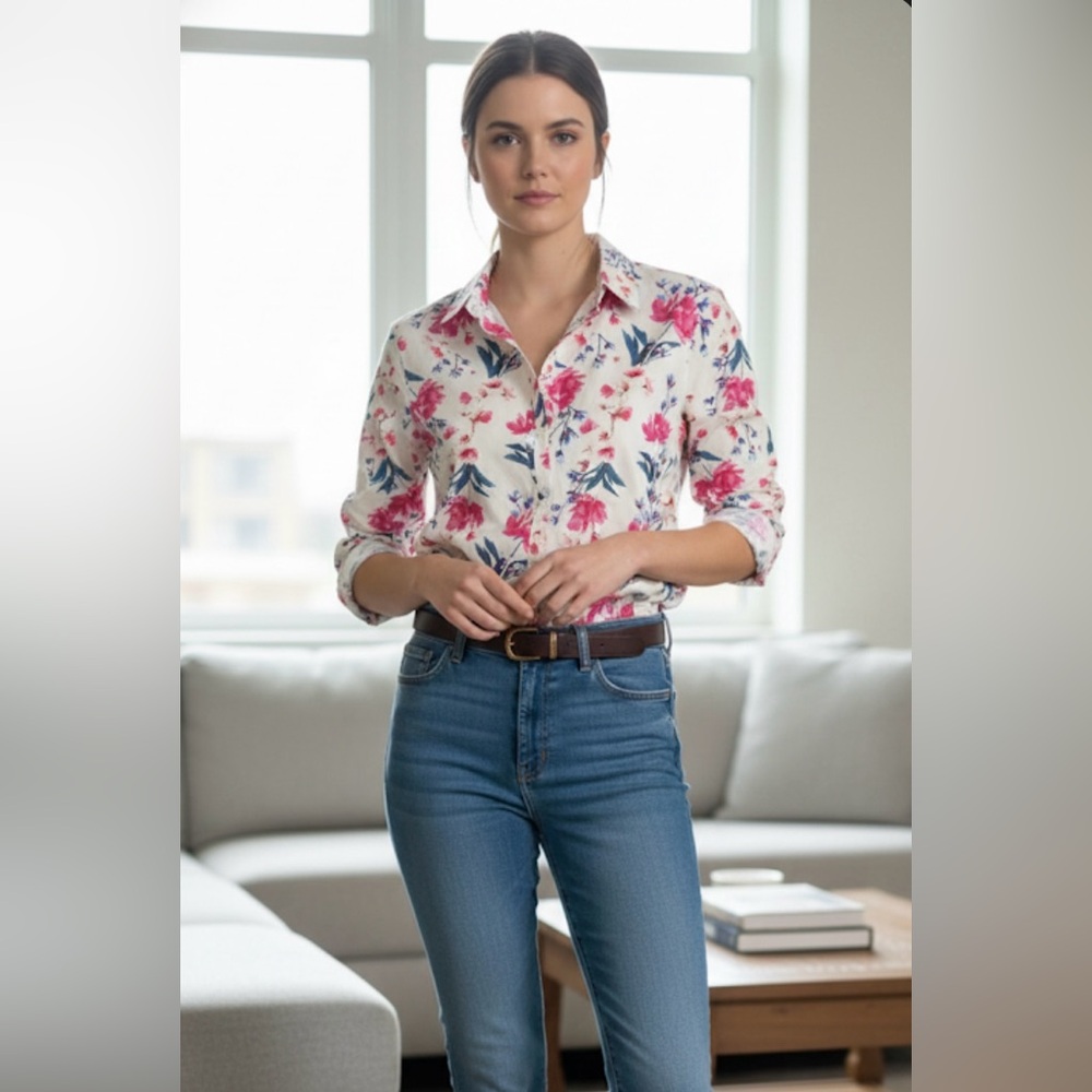 Land’s End Blouse Size 10 Floral print 3/4 sleeves No Iron Supima looks new!